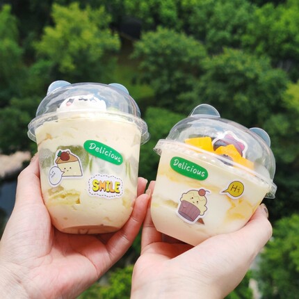 加厚360ml波波杯网红U型胖胖杯草莓奶油蛋糕啵啵酸奶杯子带熊猫盖