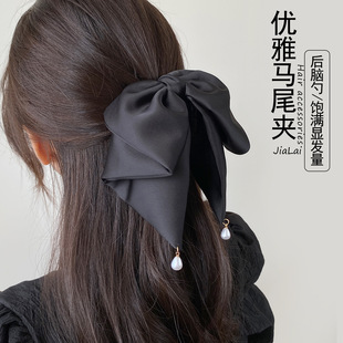 綢緞抓夾飄帶蝴蝶結(jié)珍珠夾子頭飾發(fā)夾2022新款 輕奢發(fā)飾彈簧夾發(fā)夾