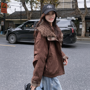 复古格子拼色羽绒服女短款小个子冬季外套8029P255K359图片