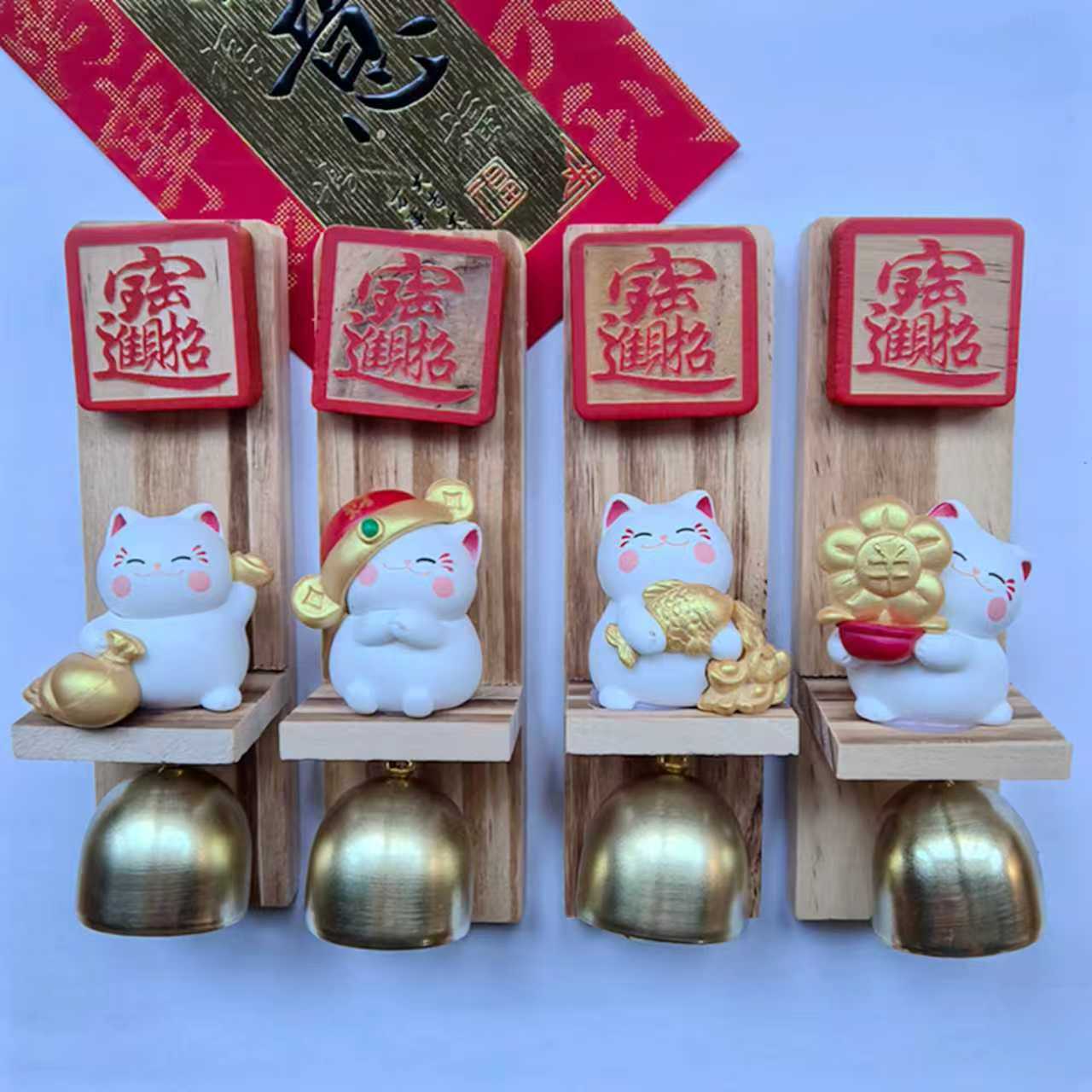 上海可爱招财猫风铃冰箱木质国潮挂件入户门冰箱门提醒福铃平安