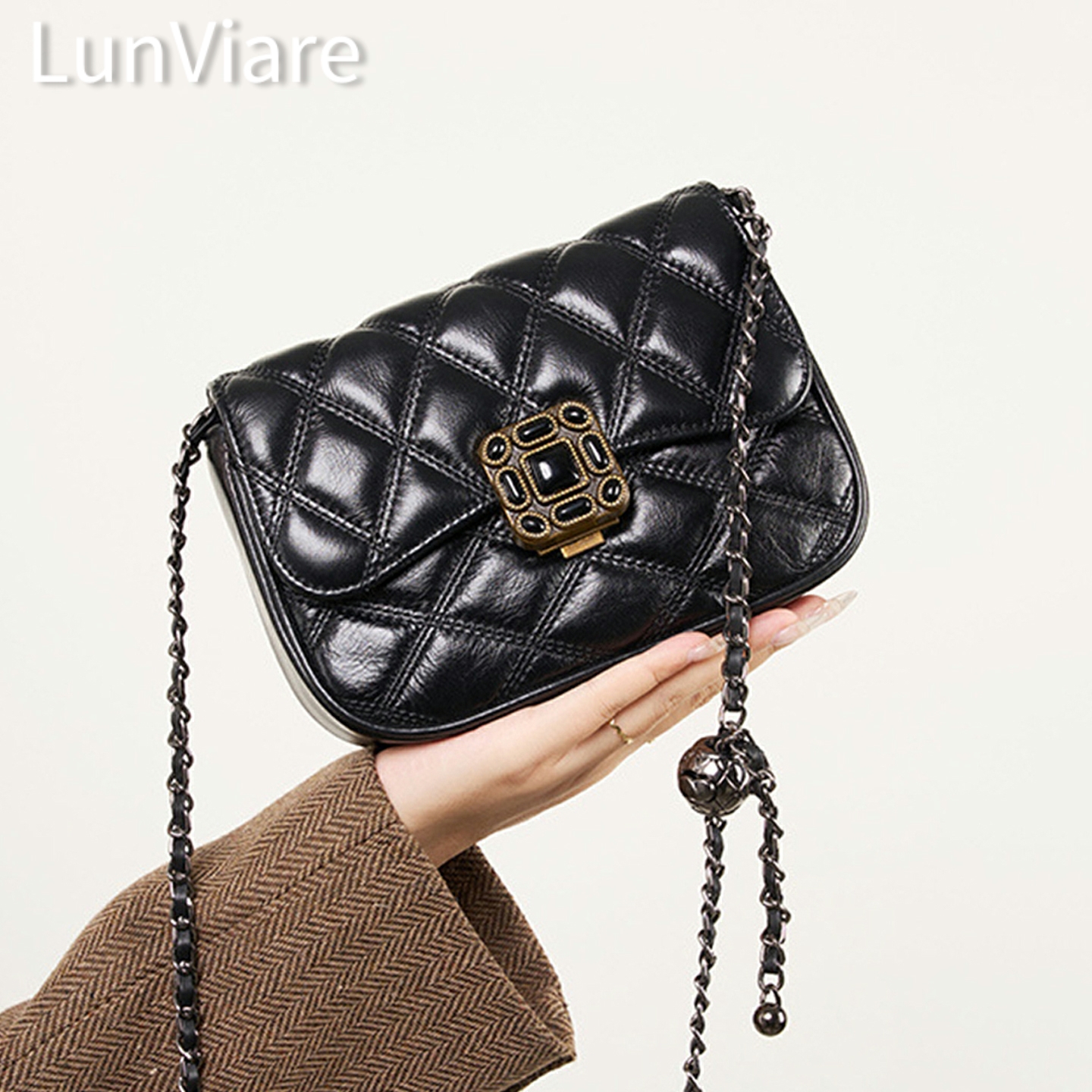 菱格链条包真皮高级感斜挎包