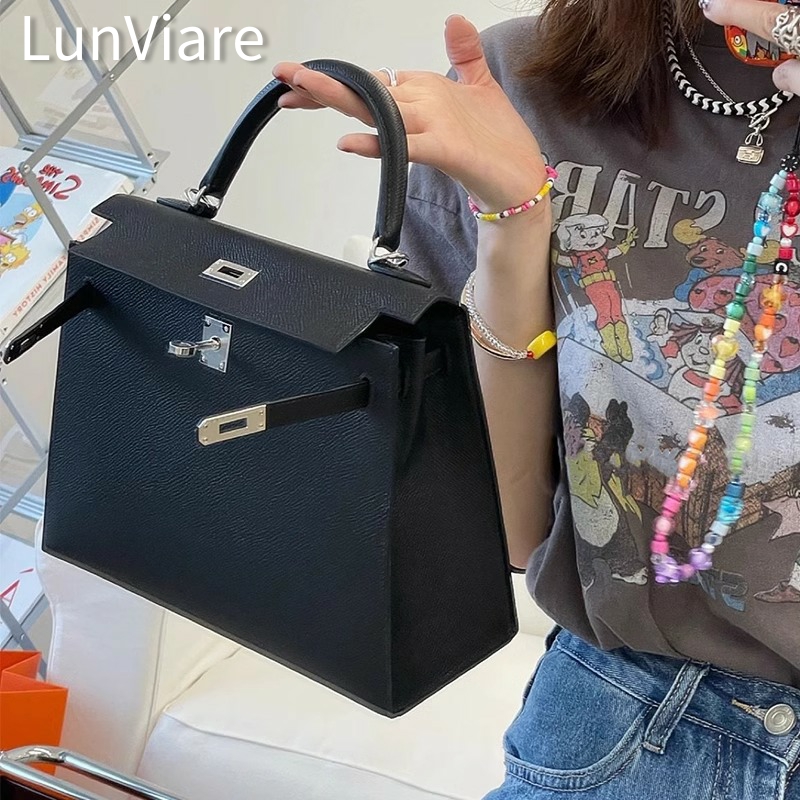 法国正品真皮女包2025新款宽肩带凯莉包高级十字纹单肩斜挎手提包