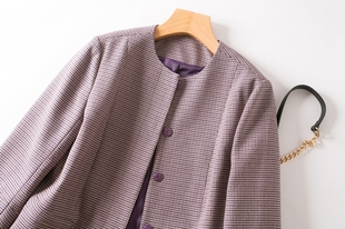 显白浅紫千鸟格提花复古淑女气质短外套 别致显瘦系带收腰上衣女