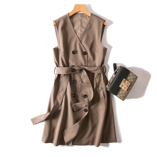 高级通勤英伦双排扣修身系带收腰马甲裙 V领无袖中长连衣裙打底裙