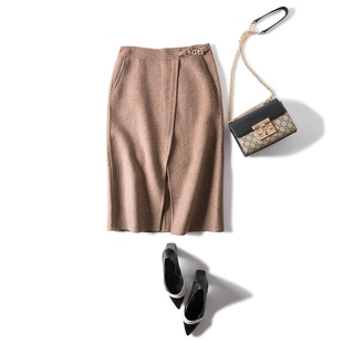 优雅百搭金属链装饰双面呢羊毛毛呢 中长款前开叉包臀半身裙 秋冬