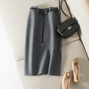 高端百搭日系杂志单品 人字纹羊毛双面呢中长款半身裙送腰带