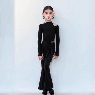 舞慧拉丁舞训练服女儿童舞蹈练功服长裤微喇叭黑色长袖上衣套装