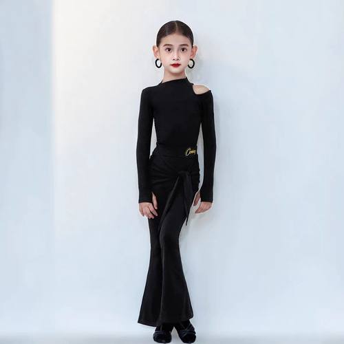 舞慧拉丁舞训练服女儿童舞蹈练功服长裤微喇叭黑色长袖上衣套装