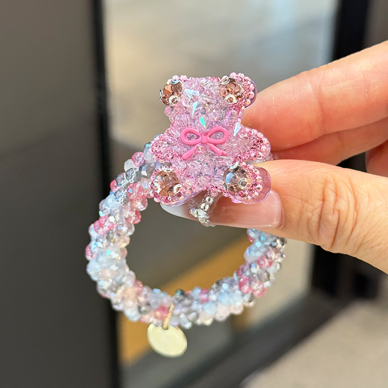 水晶粉色小熊满钻发绳+皮筋头绳
