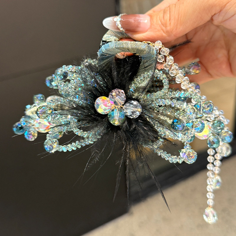韩版蓝色晶石羽毛大号抓夹水晶流苏鲨鱼夹发卡高级感发饰,饰品/流行首饰/时尚饰品新,发饰,淘宝优惠券,粉丝福利购,淘宝优惠卷
