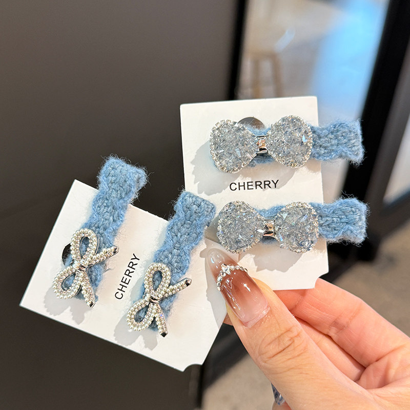 高级感针织蓝色水钻蝴蝶结侧边刘海发夹前额一字夹鸭嘴夹发卡发饰