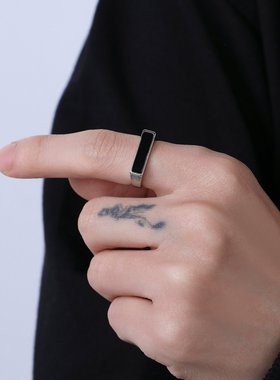 黑色光面戒指男潮开口可调节小众设计复古几何个性冷淡风食指戒女