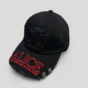 日系高街2025美式破损帽檐字母刺绣个性铆钉棒球帽十字鸭舌帽潮牌
