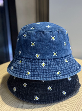 日系小雏菊花朵渔夫帽女复古做旧牛仔水桶盆帽春夏季防晒遮阳帽子