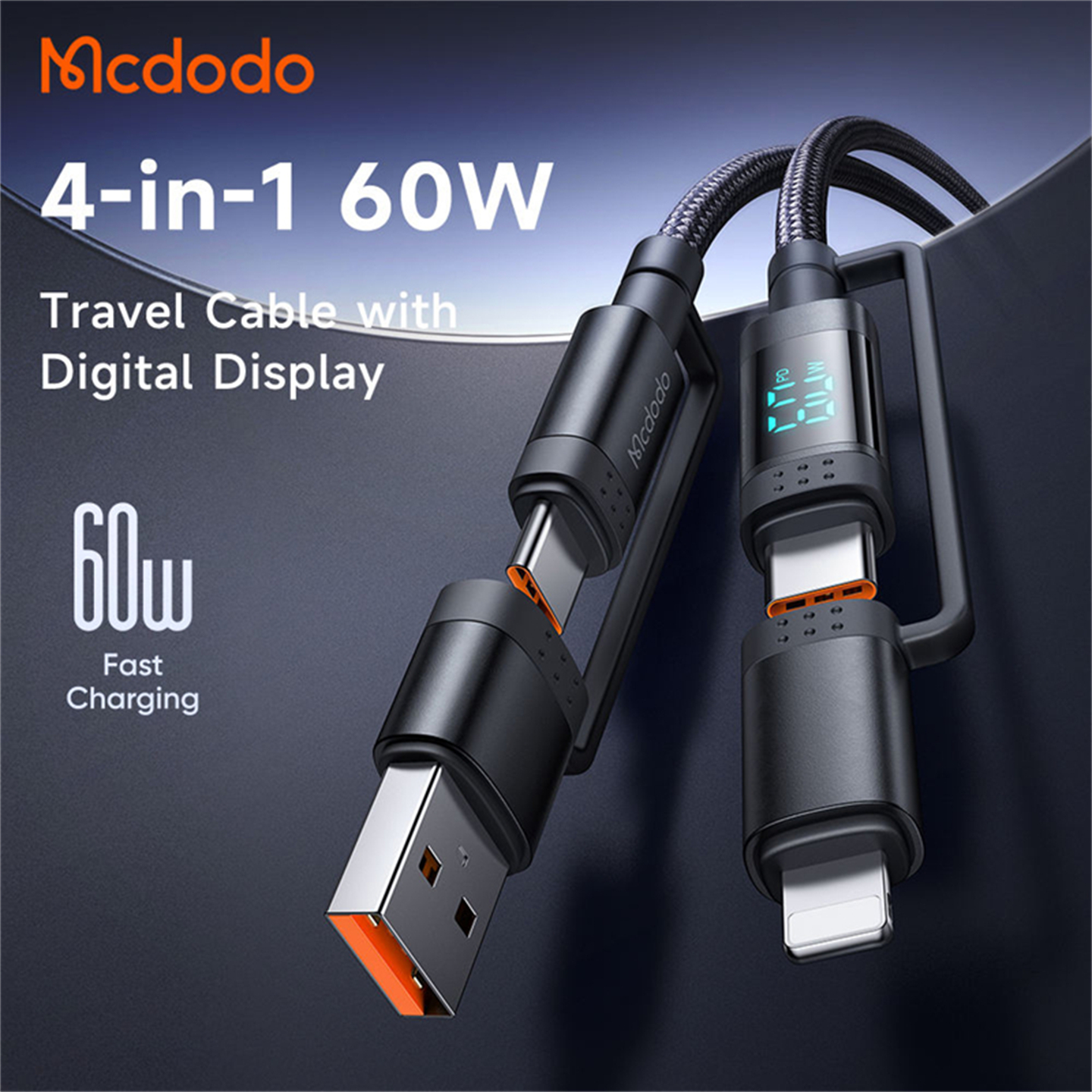 Mcdodo 二转二转接头充电线 4合1数据线 usb typec对Lightning快充线2usb-c PD数显功能手机电脑一拖四转换线