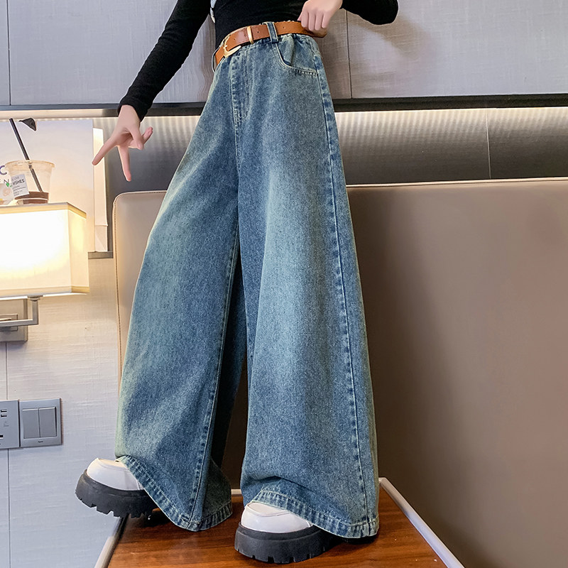 女童牛仔裤2023秋季新款中大童甩甩裤儿童阔腿裤宽松女孩长裤子潮