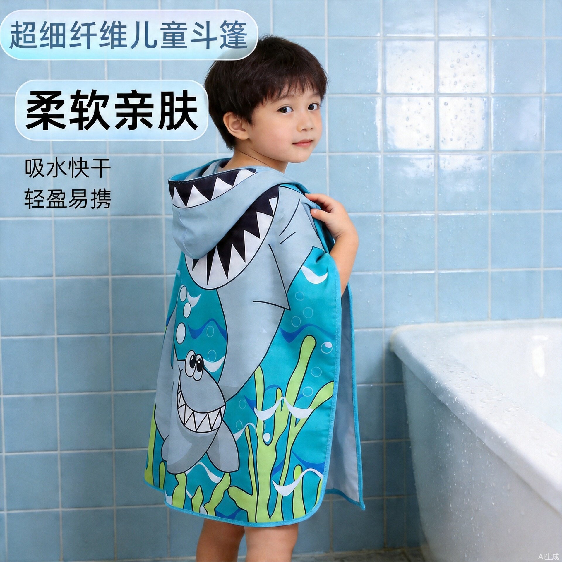 儿童浴巾连帽斗篷卡通儿童印花披风加大游泳吸水速干防风放冷毛巾