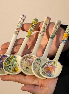 高颜值长柄陶瓷小勺子家用喝汤调羹汤匙可爱高颜值粗陶汤勺ins风