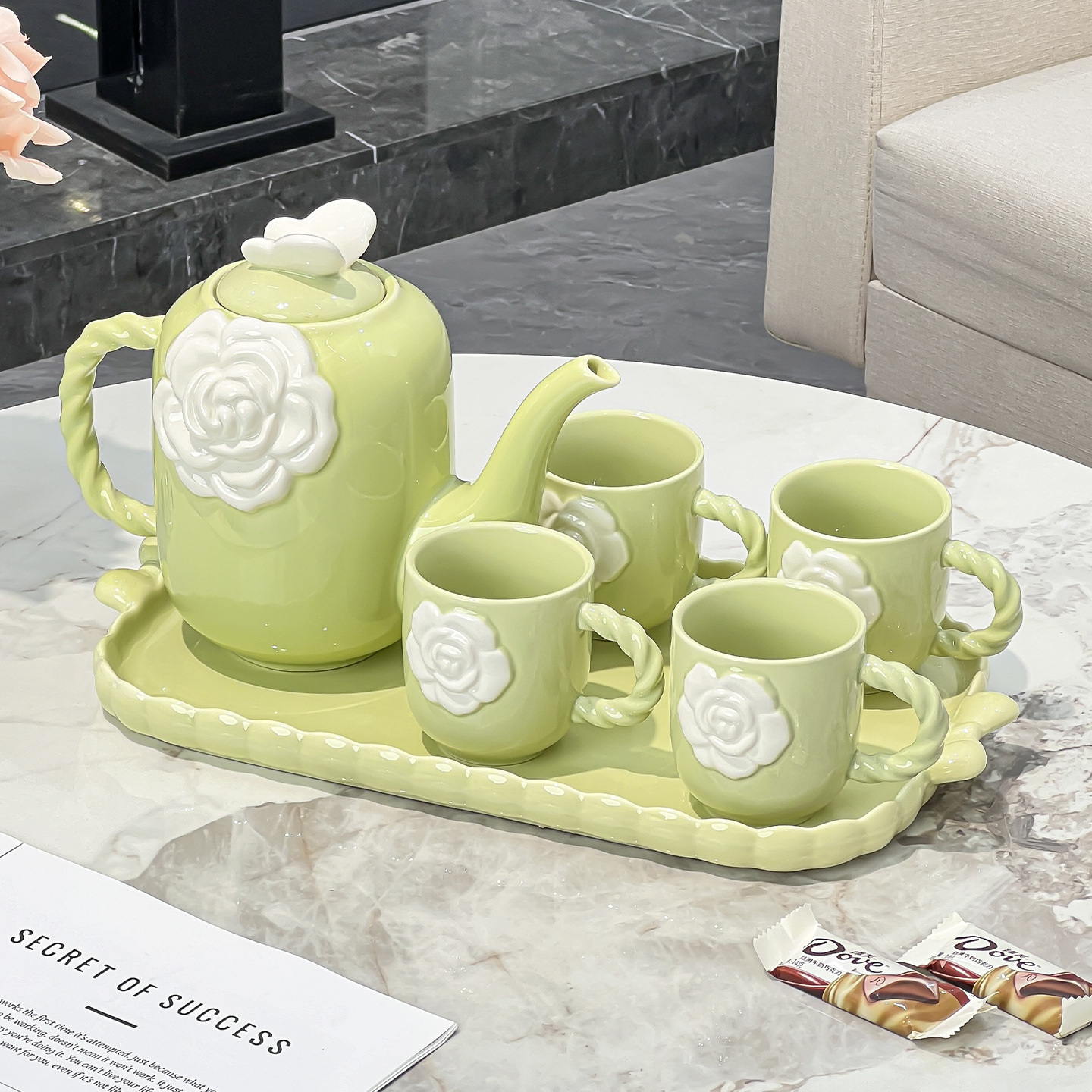 创意浮雕杯子套装陶瓷家用客厅水壶新款套装乔迁新居礼品茶杯茶具