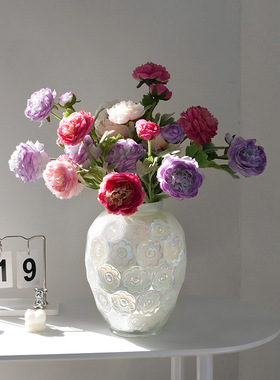 新中式浮雕花瓶玻璃高级感花瓶摆件花瓶插花高级感桌面居家装饰品