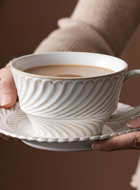 花边复古咖啡杯高颜值咖啡杯子陶瓷家用精致竖纹挂耳咖啡杯碟新款