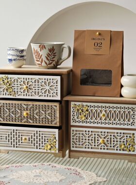 木质家用复古雕花镂空桌面收纳柜 抽屉式多层收纳防尘实木储物柜
