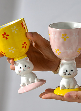 立体浮雕小猫陶瓷雪糕杯手绘釉下彩杯子高颜值甜品杯香薰高脚