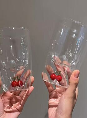 立体圣诞手工樱桃玻璃杯礼物杯子ins双层咖啡杯耐热玻璃杯