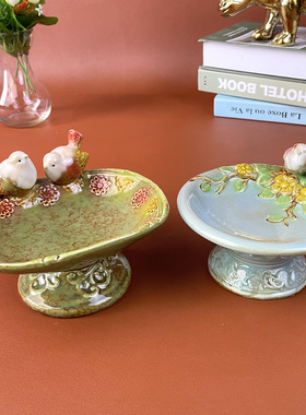 外贸家居饰品陶瓷工艺品收纳摆件小鸟带座烟缸皂盒陶瓷收纳盘酒柜