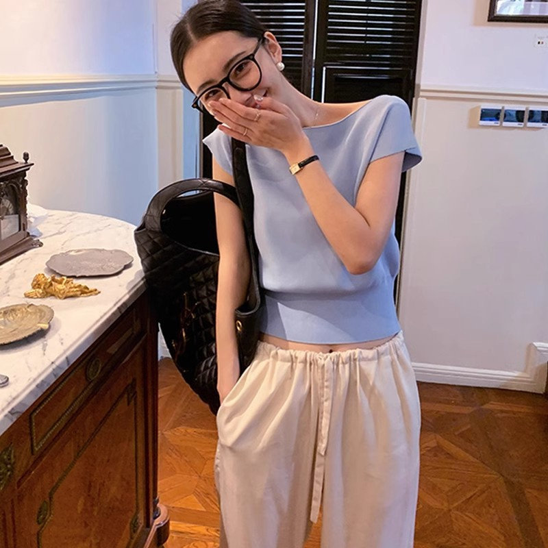 夏季软奶蓝一字肩针织短袖女薄款