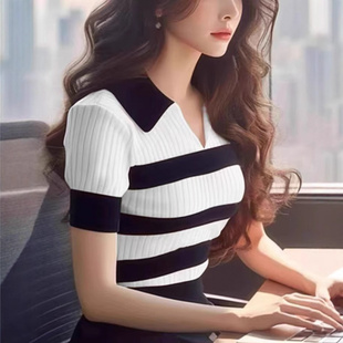 独特别致甜辣妹宽松条纹polo领针织衫 上衣女夏高级设计感小众 短袖