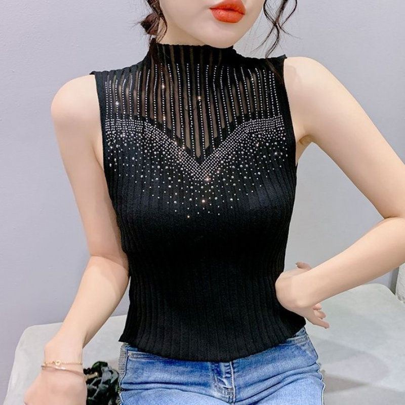 曲珠爆款春夏季时尚网纱无袖打底背心小香风烫钻百搭修身套头上衣,女装/女士精品,抹胸,淘宝优惠券,粉丝福利购,淘宝优惠卷