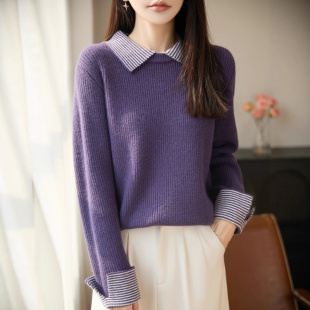 韩式休闲风娃娃领撞色条纹针织衫女假两件设计显瘦加厚打底衫毛衣