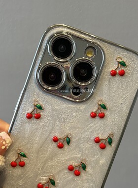 红色樱桃适用苹果16水墨滴胶满屏手机壳iphone15Pro高级感13新款11精孔电镀12pm爆款女保护套