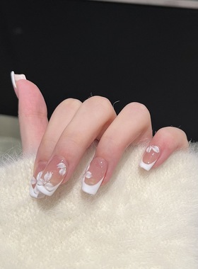 黛瑞森【白皙】穿戴甲纯手作白色法式裸色雕花美甲欧美外贸甲