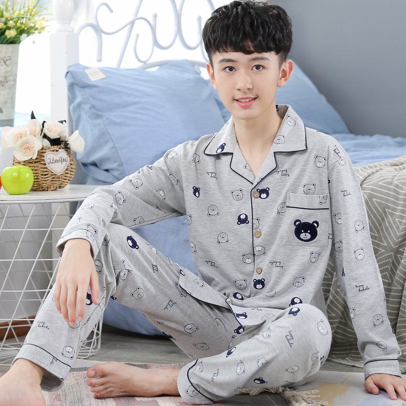春秋睡衣纯棉男初中生家居服男孩子全棉长袖学生夏全棉空调服套装