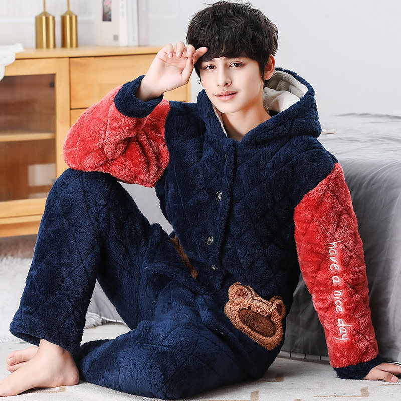 中大童夹棉睡衣男冬珊瑚绒三层加厚夹棉男孩子加绒加厚连帽家居服