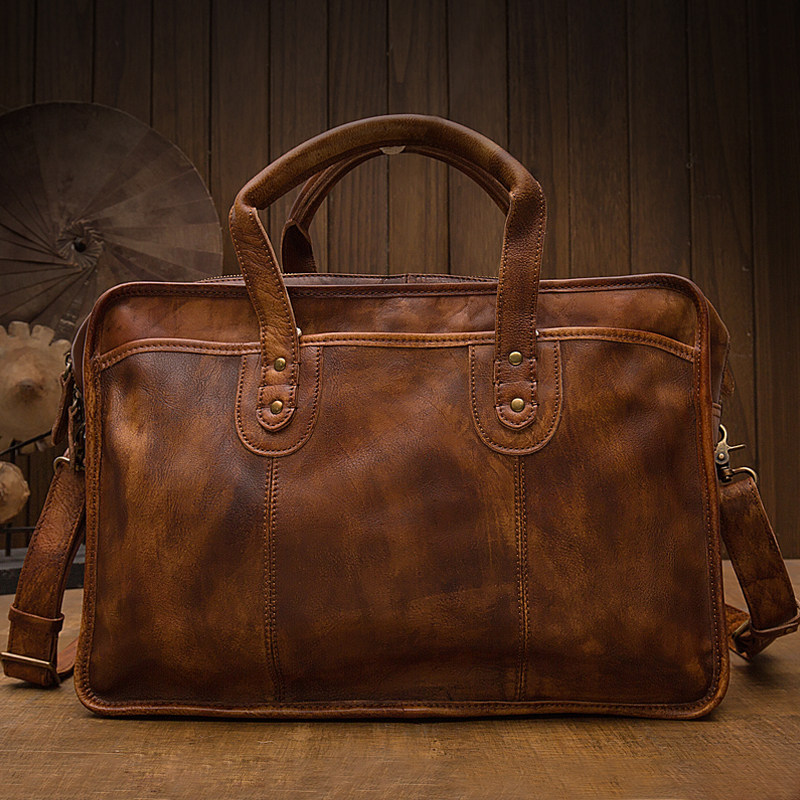 手工男士日系公文包手提包头层牛皮旅行包男包单肩斜挎包电脑包