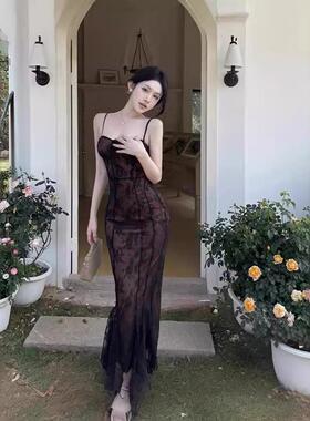 小甜甜名媛风蕾丝绑带鱼尾裙气质时尚显瘦修身吊带连衣裙JY23745