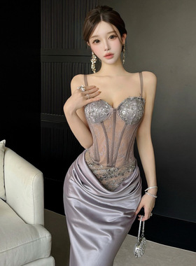 女装金鱼骨吊带包臀礼服长款名媛性感露背褶皱长款鱼尾连衣裙