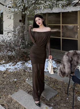 伊莉雅御姐风一字肩棕色网纱连衣裙 长袖修身气质包臀长裙CF25327