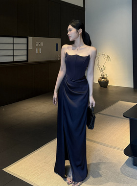 法式高端缎面抹胸礼服裙女2026新款生日宴会气质开叉长裙