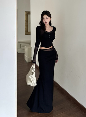 法式设计感圆领性感长袖上衣网纱拼接半身裙套装女春季长裙两件套