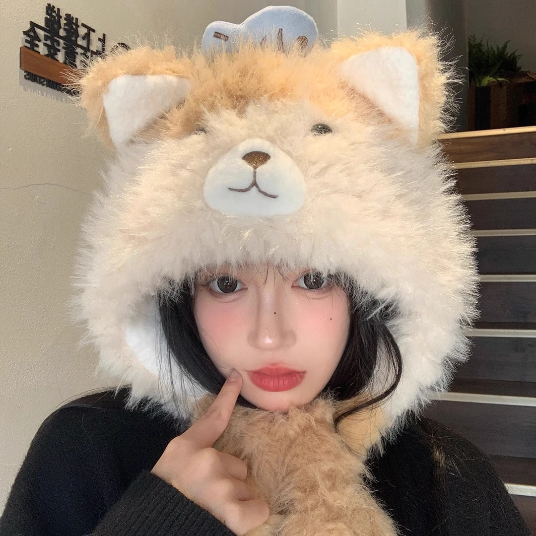 可爱猫耳朵小鱼毛绒帽女冬季加厚