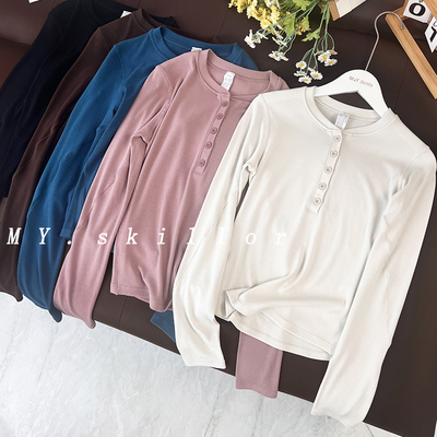 柜柜同款 Hold亨利圆领瑜伽运动长袖T恤女百搭收腰显瘦内搭打底衫