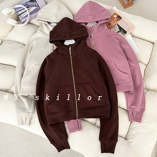 Lu-同款女士宽松款scuba金拉链连帽卫衣秋冬加绒加厚短款瑜伽服