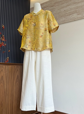 新中式妈妈装新款夏季短袖上衣T恤松紧腰裤子中老年女士两件套装