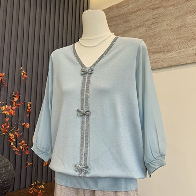 洋气新款妈妈装V领七分袖T恤小衫