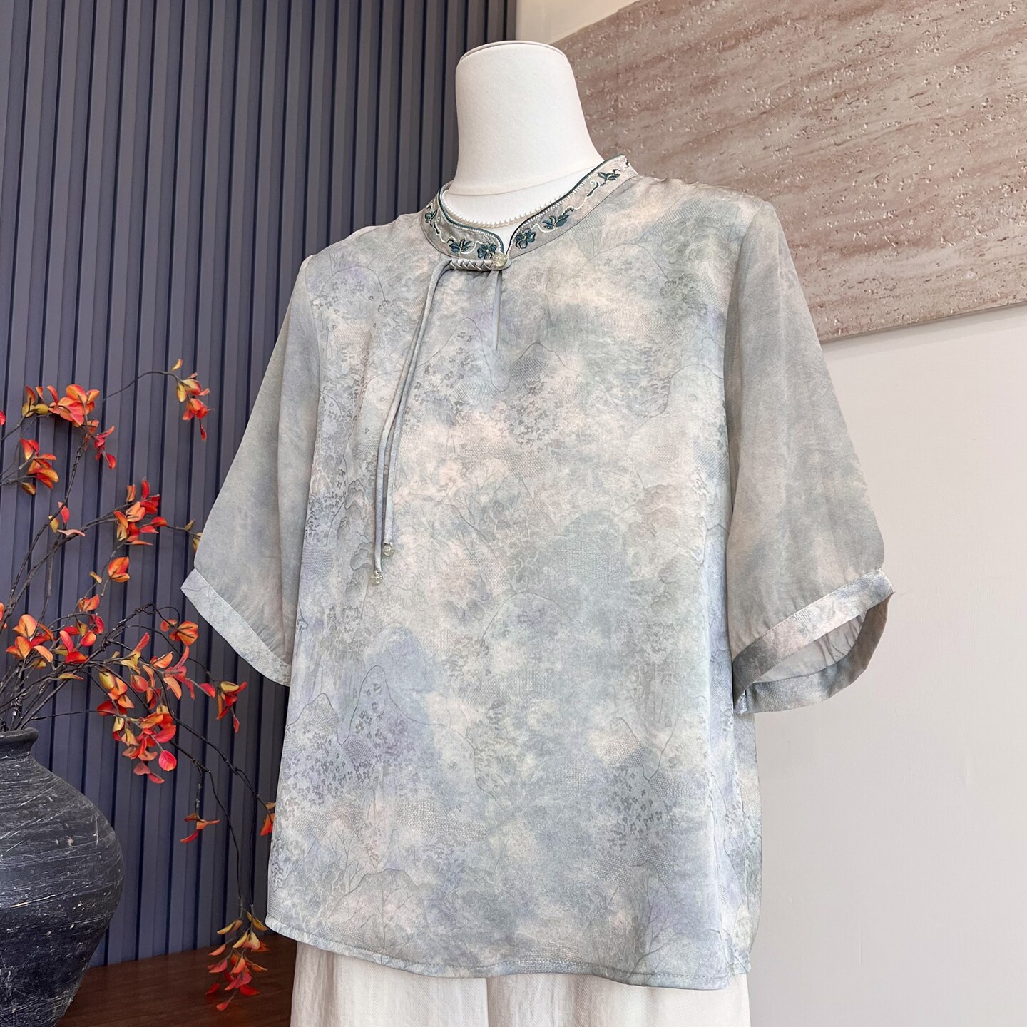 妈妈装夏季短袖衬衫立领上衣服