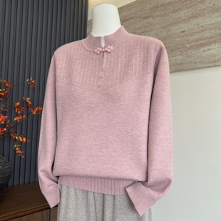 时尚中年妈妈装针织衫加绒加厚上衣中老年女半高领一体绒内搭毛衣